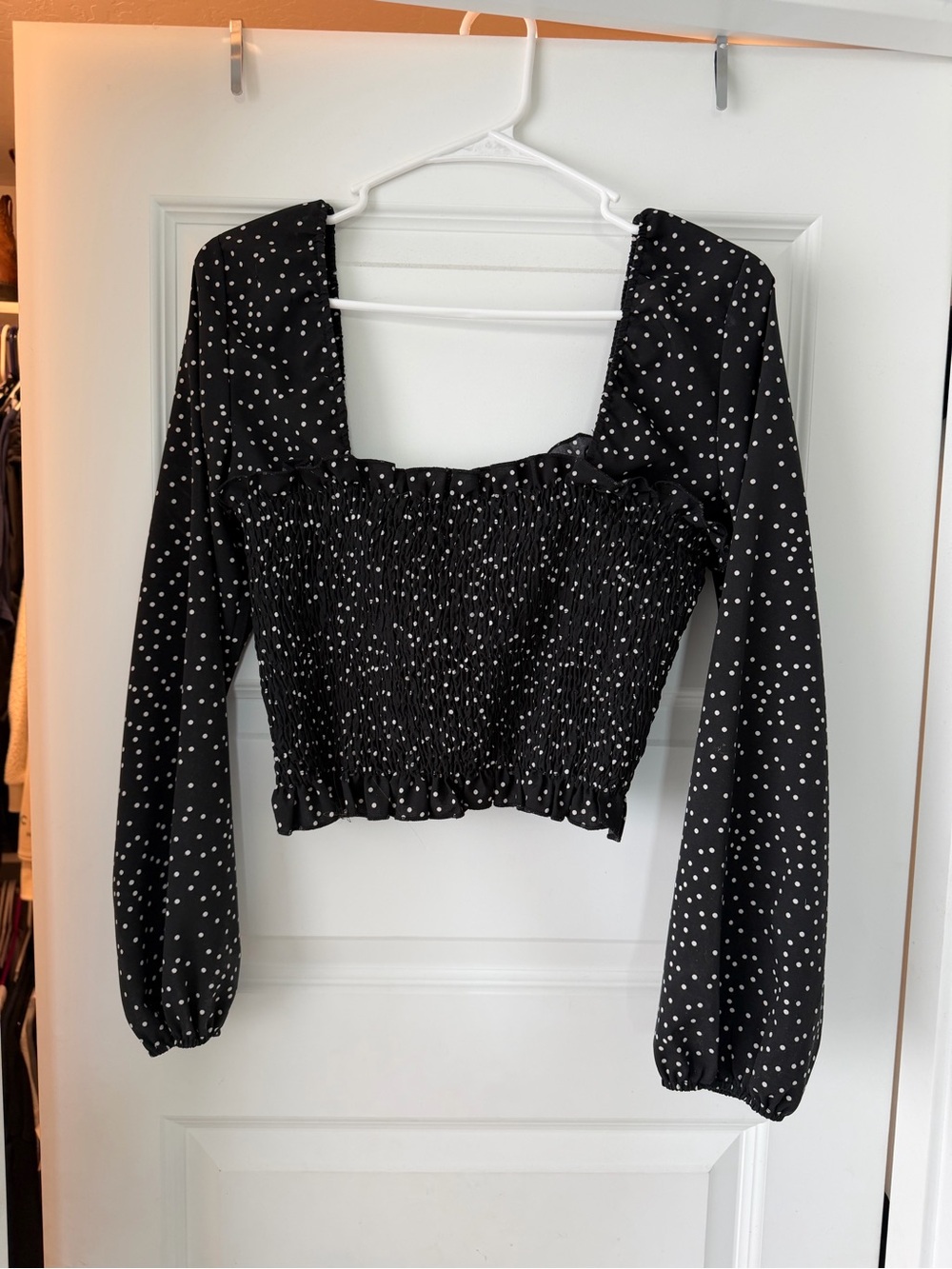 Smocked Black Polka Dot Long Sleeve Crop Top